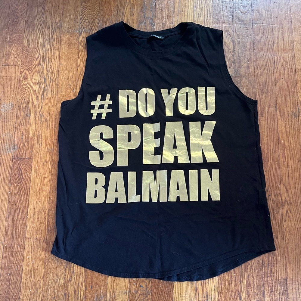 Balmain Black Sleeveless Long Tank T-shirt Top - Gold Lettering Logo - Size 42